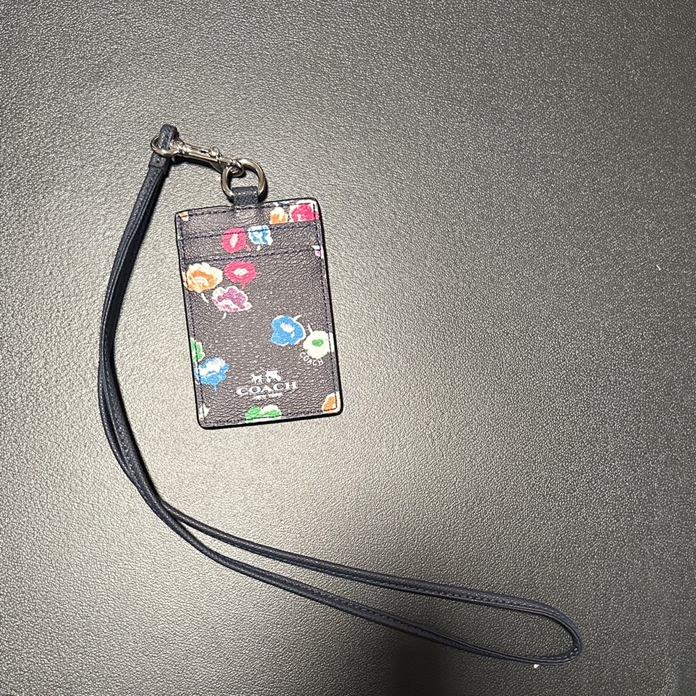 Coach Black Floral Lanyard Card Holder